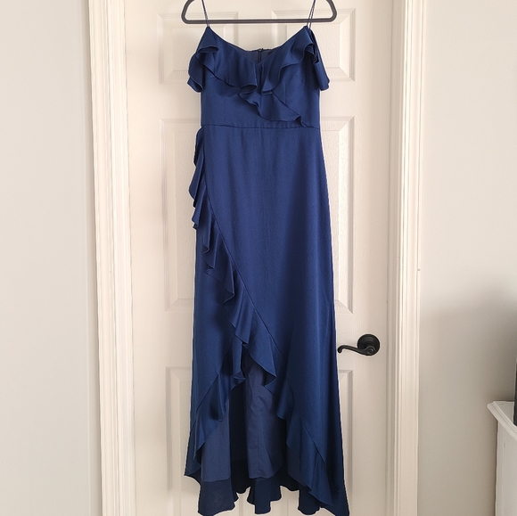 Aidan Mattox Satin Ruffle High Low Cold Shoulder Maxi Long Dress Navy Blue 8 - Picture 4 of 8